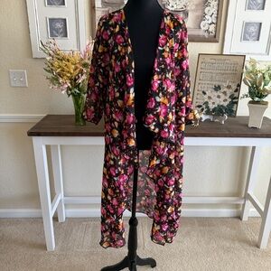 Floral Boho Duster Kimono Medium Open Front Lightweight Modest Floral Cover Up
